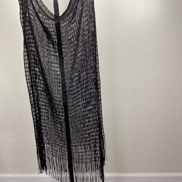 Black w/ Silver Metallic Fringe Crochet Scarf 77" X 37" - Picture 4 of 9